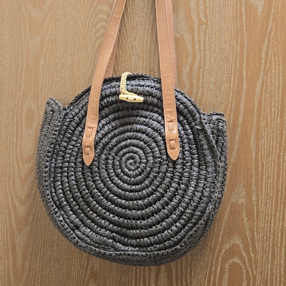 INC Straw and leather round bag